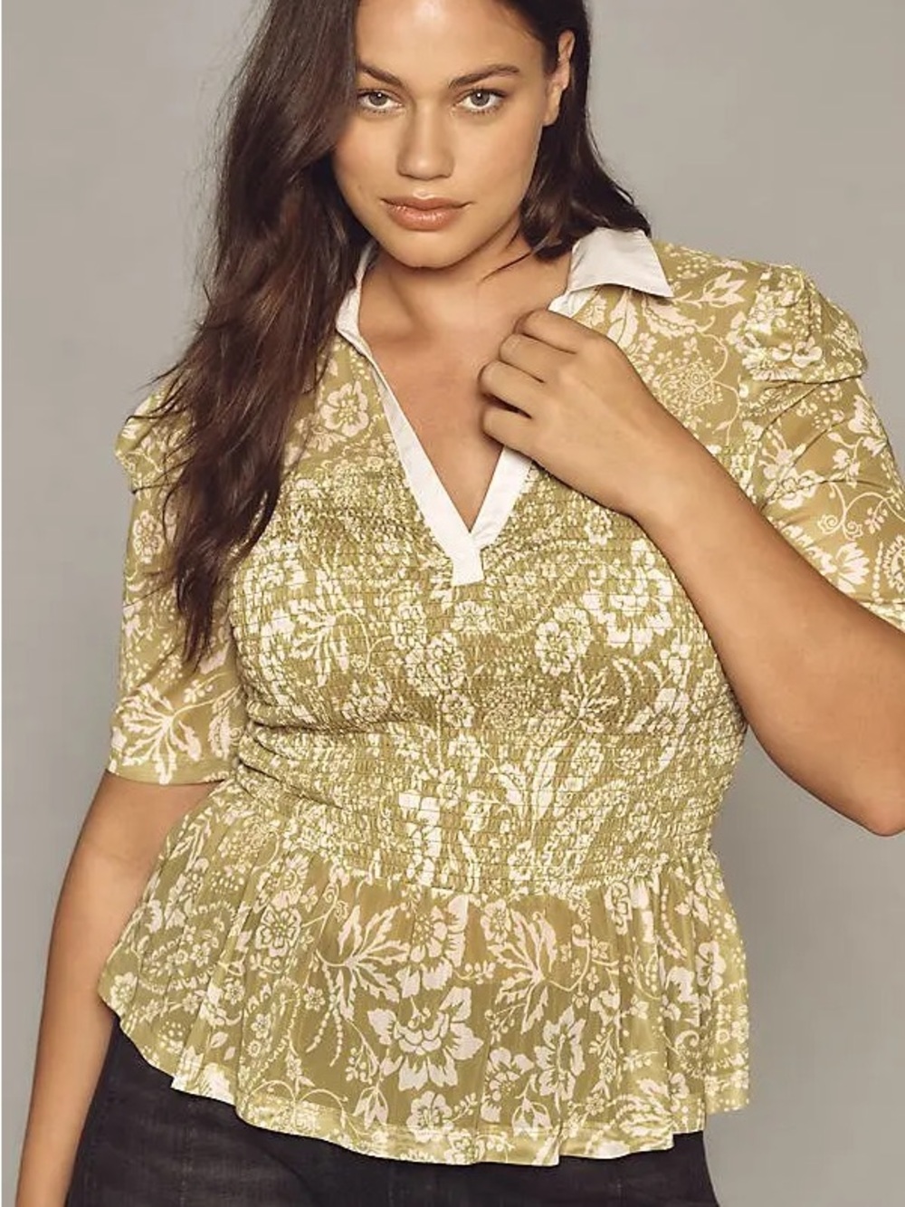 Anthropologie • Maeve short sleeve sheer smocked polo top